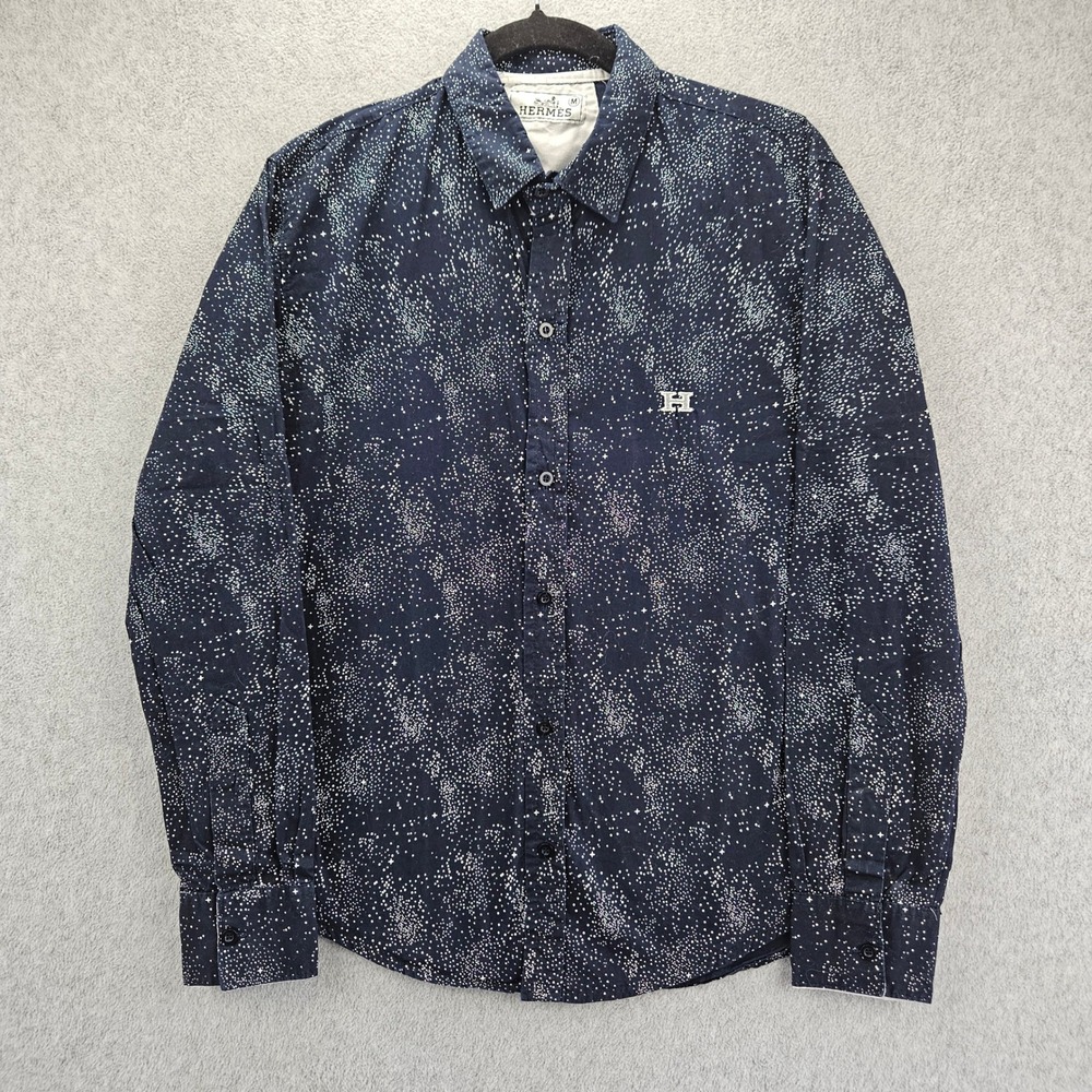 Hermes style mens navy blue star galaxy print button down shirt medium H logo